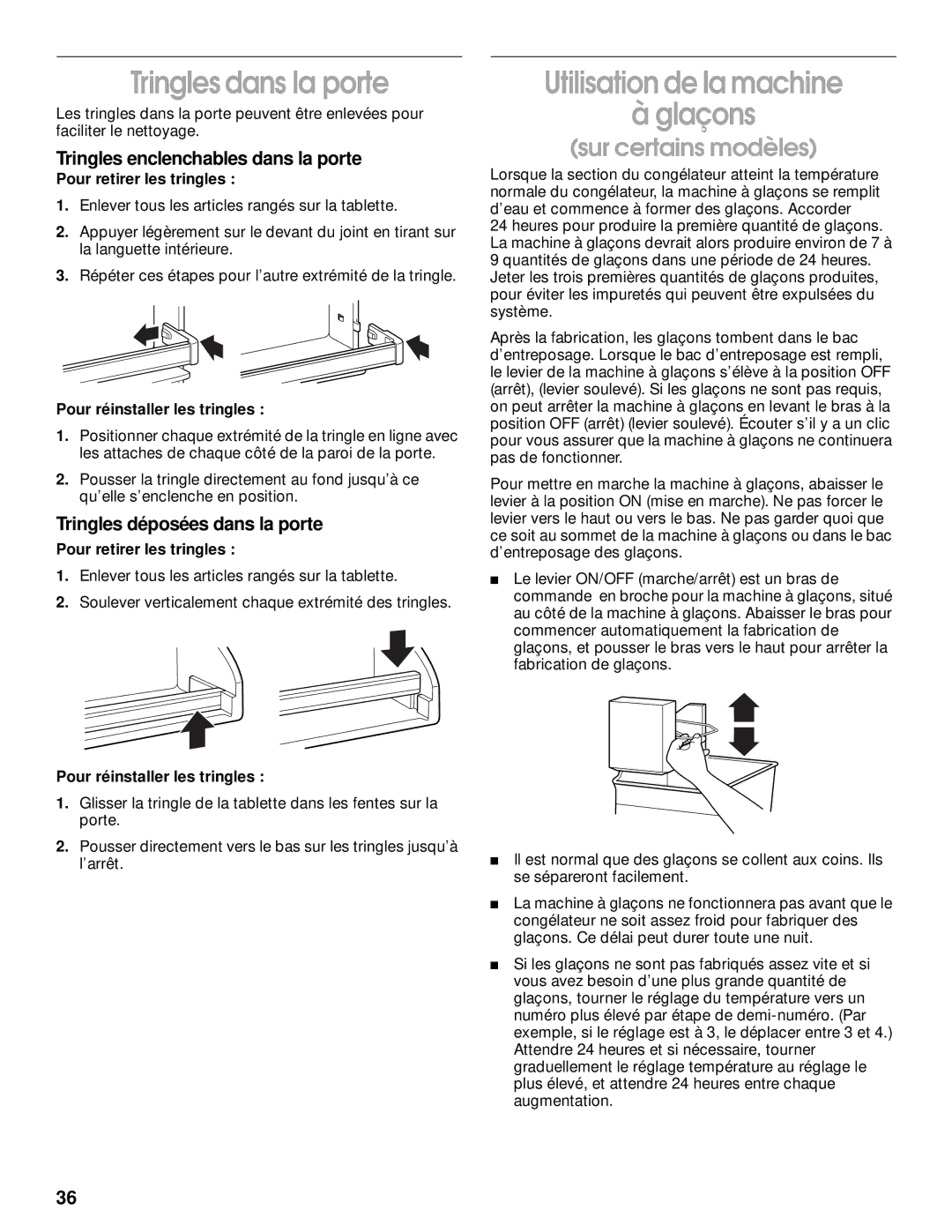 Whirlpool 2199011 manual Tringles dans la porte, Utilisation de la machine Glaçons, Tringles enclenchables dans la porte 