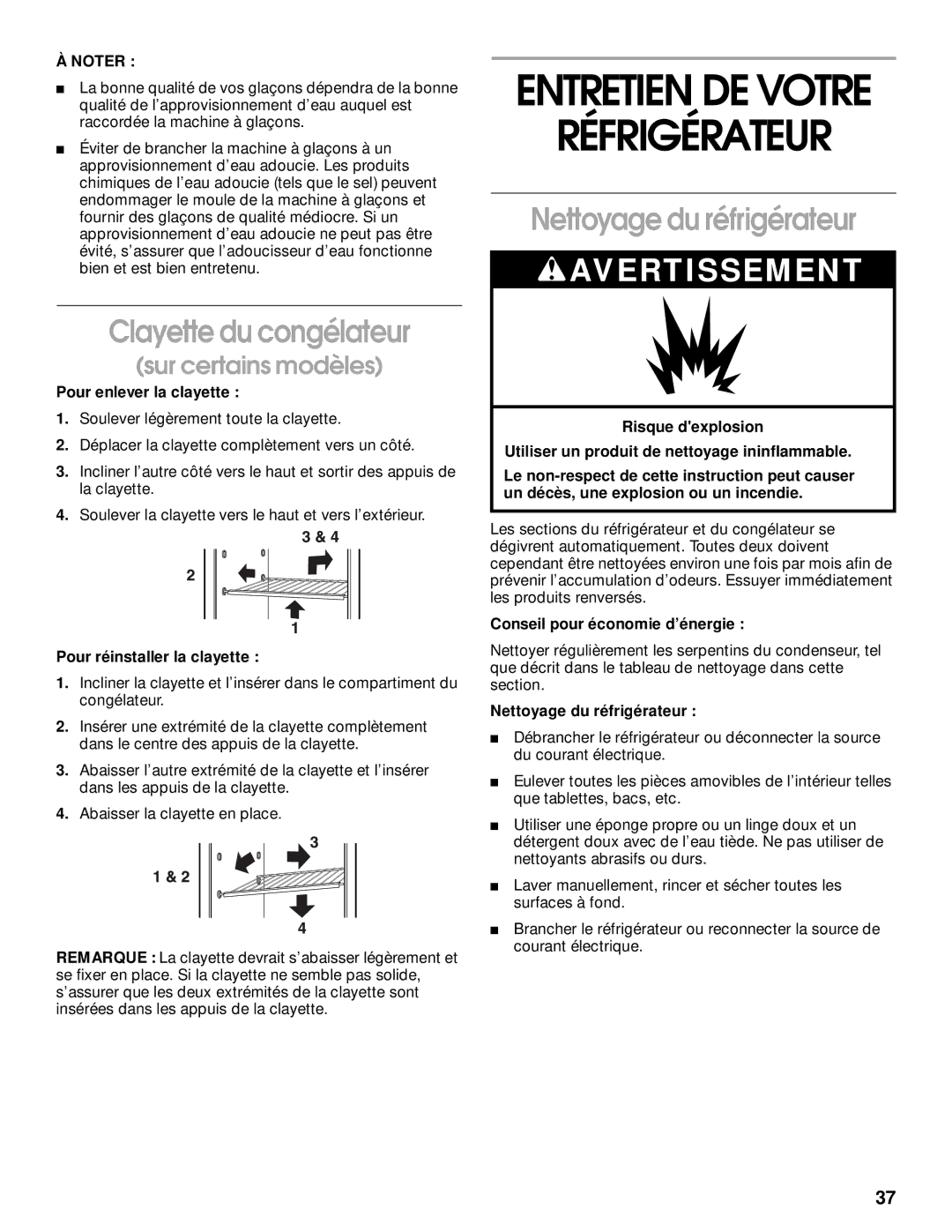 Whirlpool 2199011 manual Clayette du congélateur, Nettoyage du réfrigérateur 