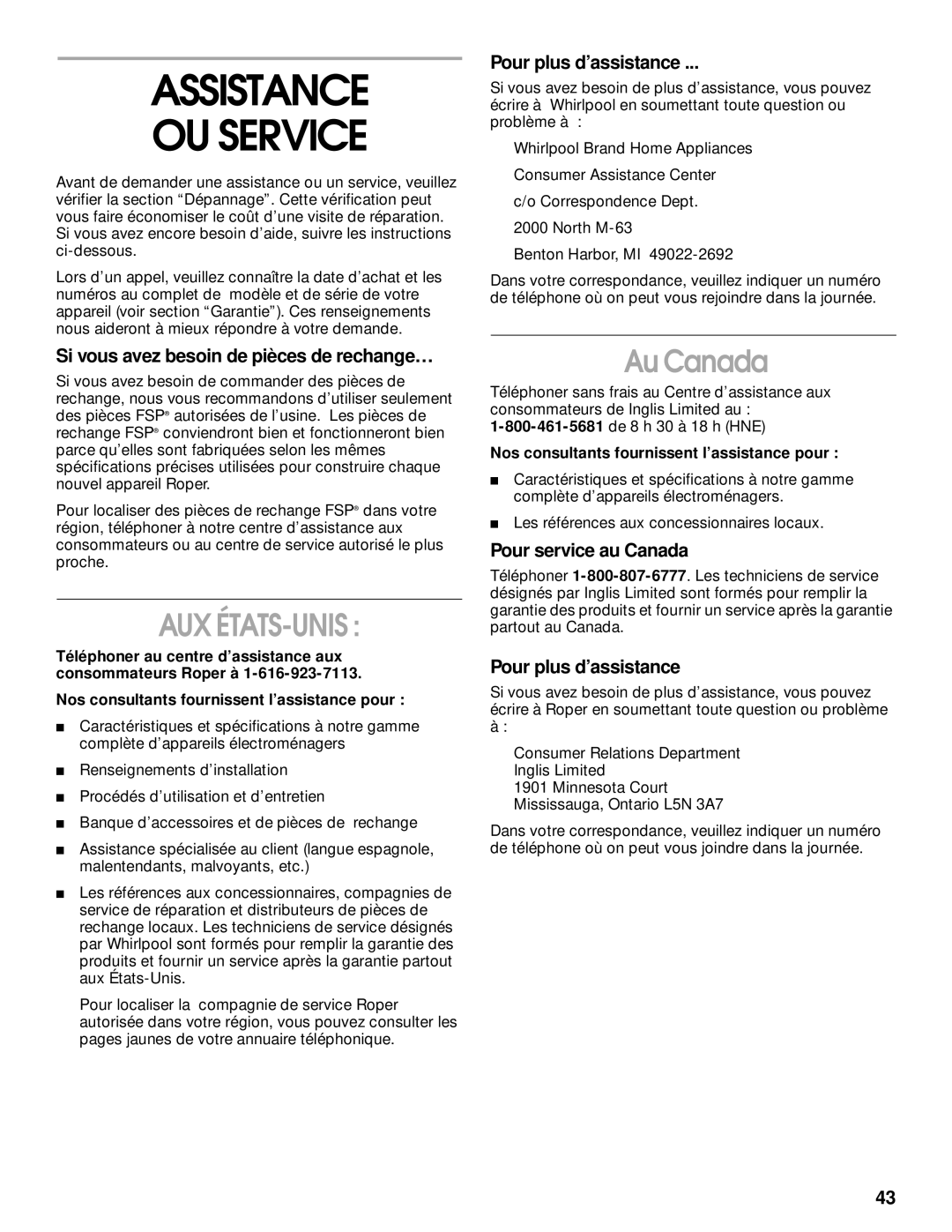 Whirlpool 2199011 Assistance OU Service, Au Canada, Si vous avez besoin de pièces de rechange…, Pour plus d’assistance 