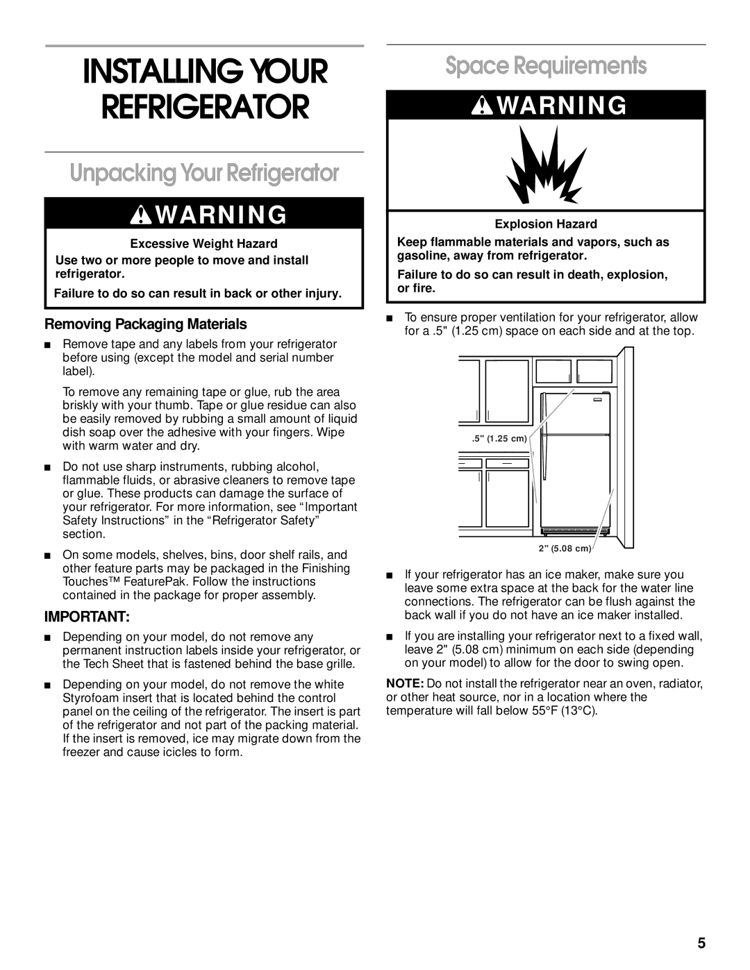 Whirlpool 2199011 manual Installing Your Refrigerator, Unpacking Your Refrigerator, Space Requirements 