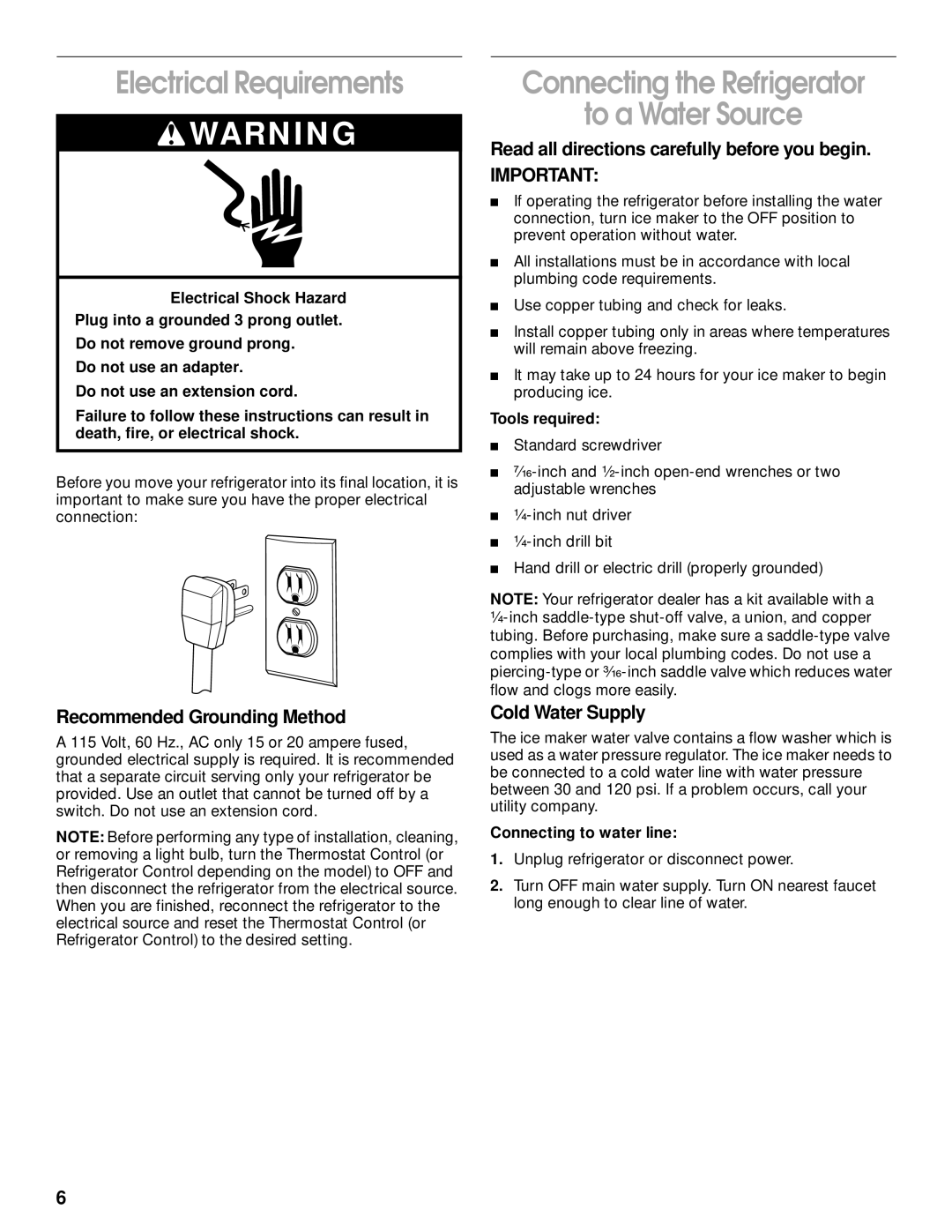 Whirlpool 2199011 Electrical Requirements, Connecting the Refrigerator To a Water Source, Recommended Grounding Method 