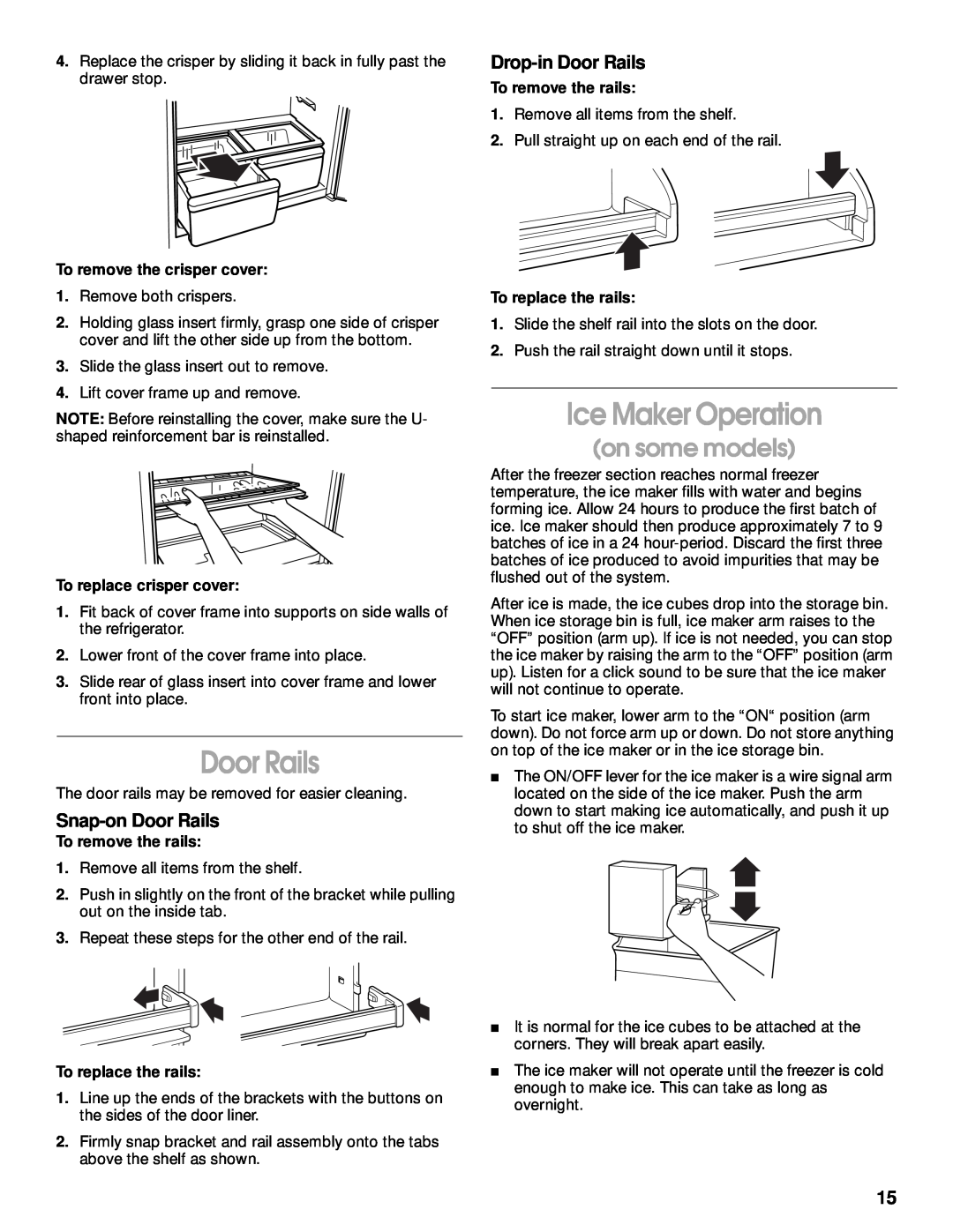 Whirlpool 2199011 Ice Maker Operation, Snap-on Door Rails, Drop-in Door Rails, on some models, To remove the rails 