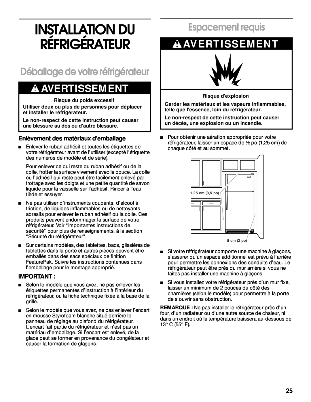 Whirlpool 2199011 manual Installation Du Réfrigérateur, Espacement requis, Déballage de votre réfrigérateur, Avertissement 