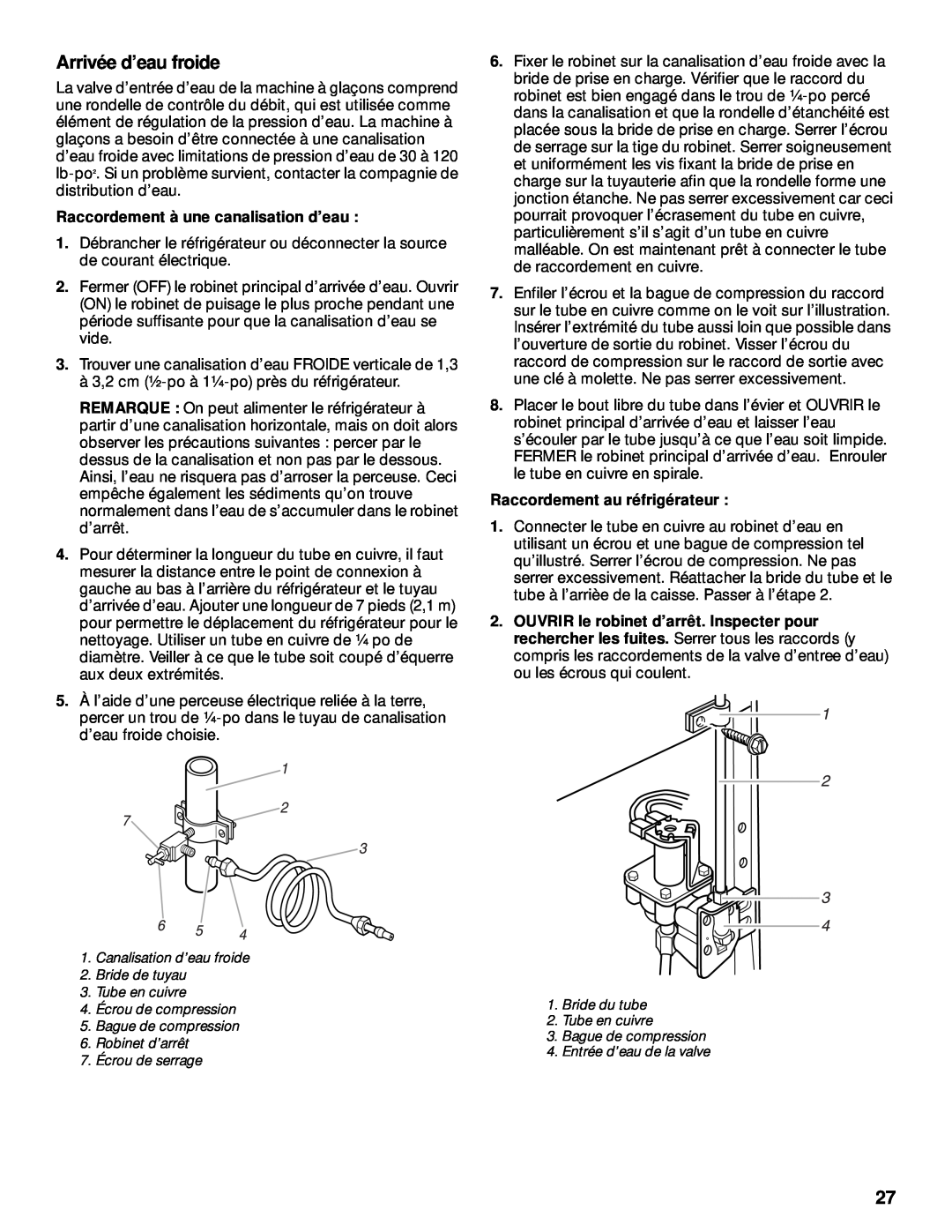 Whirlpool 2199011 manual Arrivée d’eau froide, Raccordement à une canalisation d’eau, Raccordement au réfrigérateur 