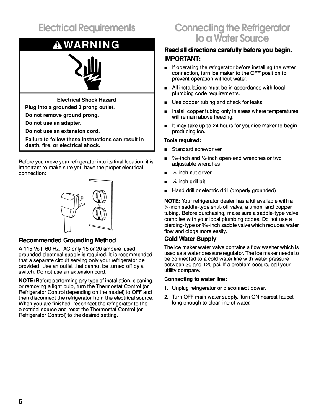 Whirlpool 2199011 Electrical Requirements, Connecting the Refrigerator to a Water Source, Recommended Grounding Method 