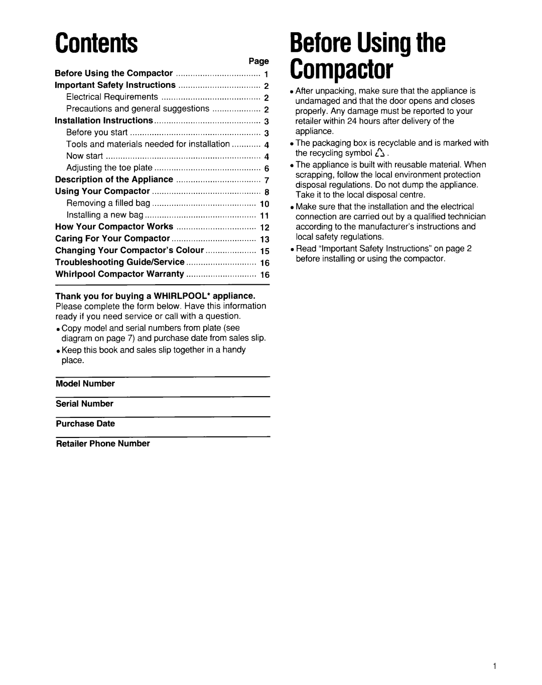 Whirlpool 220-240~volt, 50-Hz Models manual Contents 