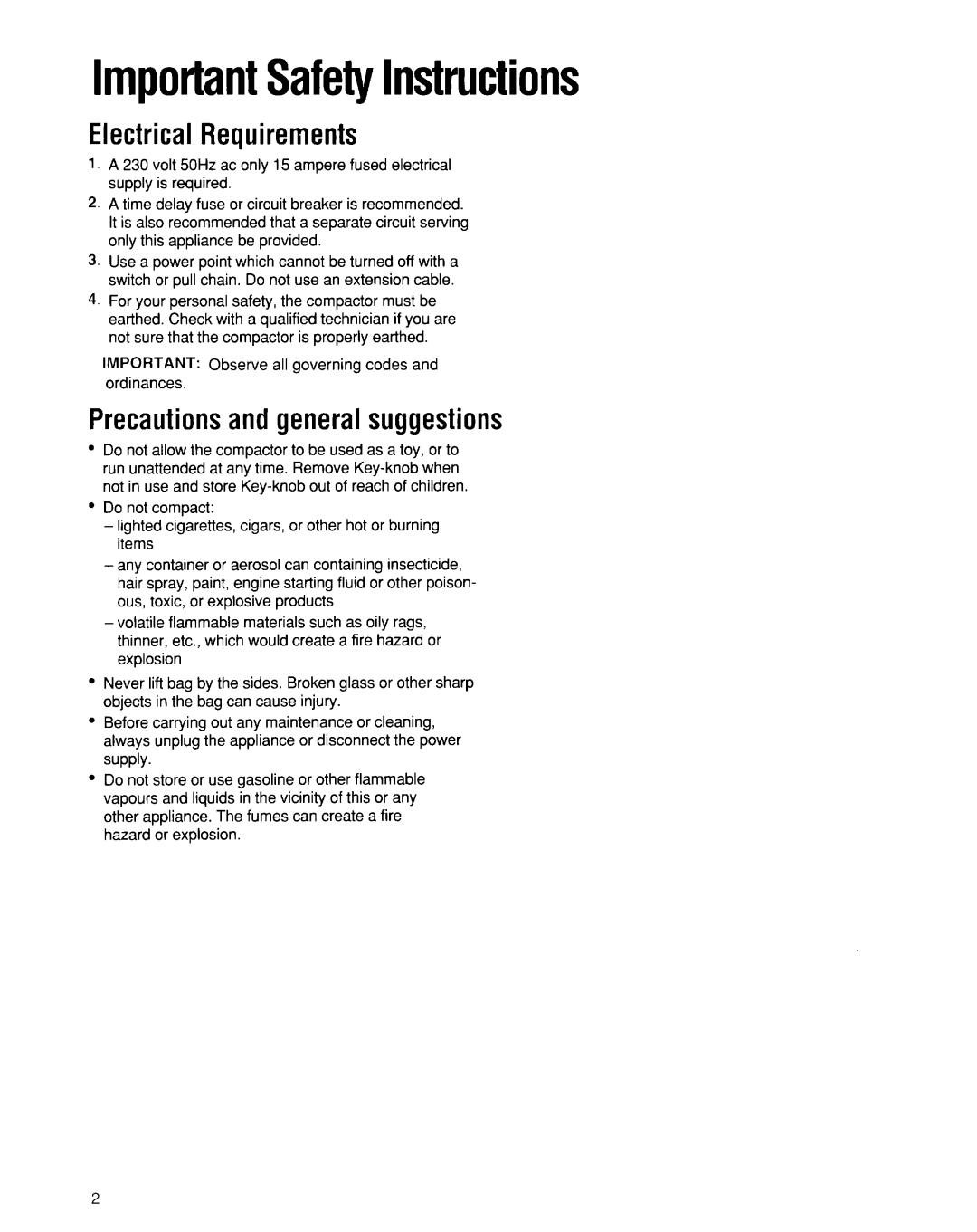 Whirlpool 50-Hz Models manual ImDortantSafetvInstructions, Electrical Requirements, Precautionsand general suggestions 