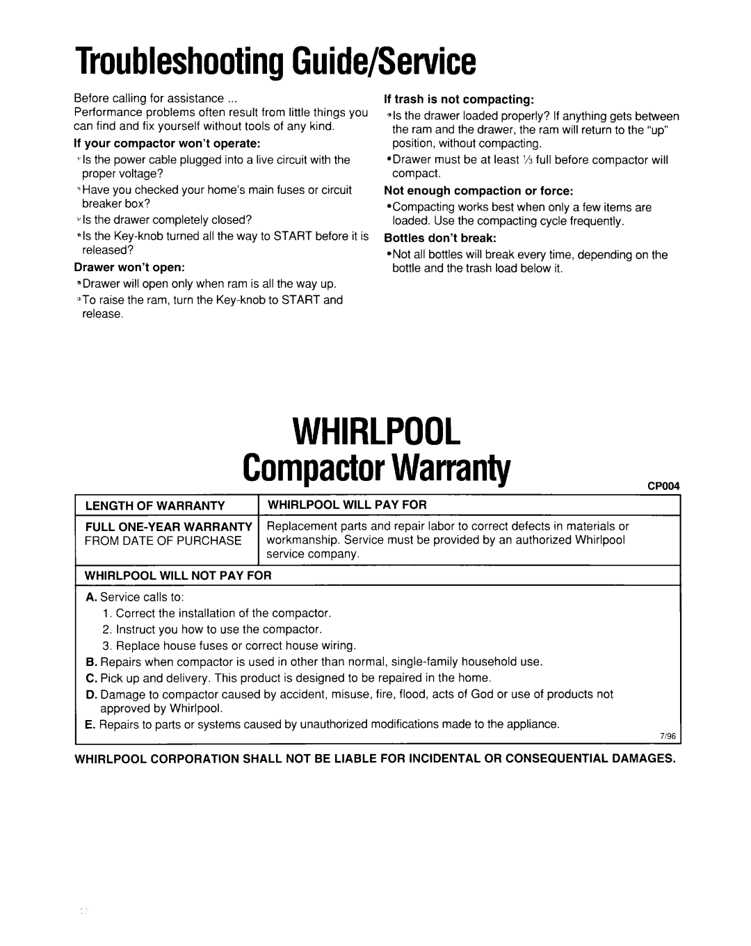 Whirlpool 50-Hz Models, 220-240~volt manual TroubleshootingGuide/Service, WHIRLPOOL CompactorWarranty 