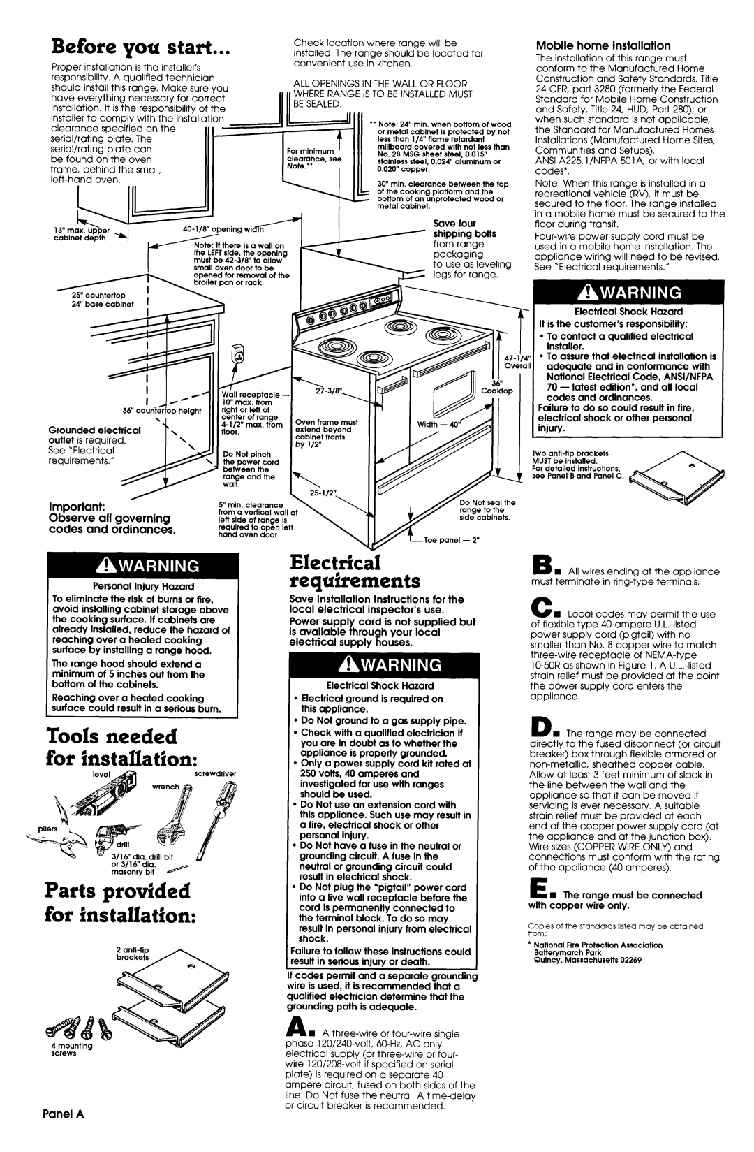 Whirlpool 220038-L 010 installation instructions Before you start, For installation, Electrical requirements 