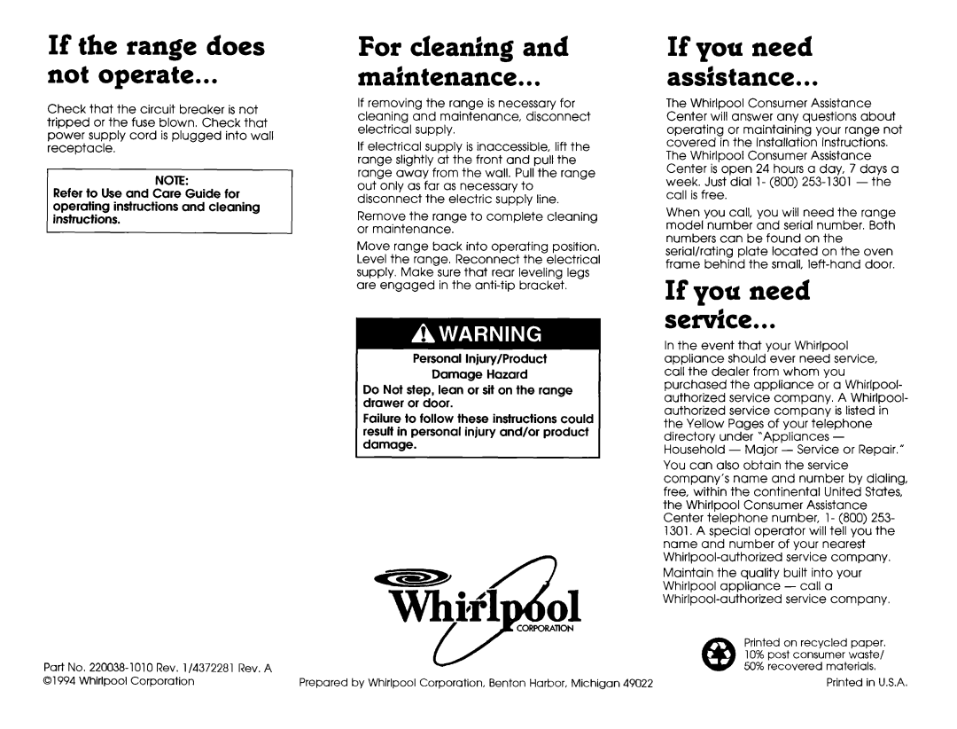 Whirlpool 220038-L 010 If the range does Not operate, For cleaning Maintenance, If you need Assistance, If you need Sedce 