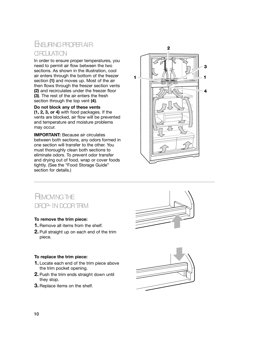 Whirlpool 2201959 manual Circulation, Removing DROP-IN Door Trim, Do not block any of these vents, To remove the trim piece 