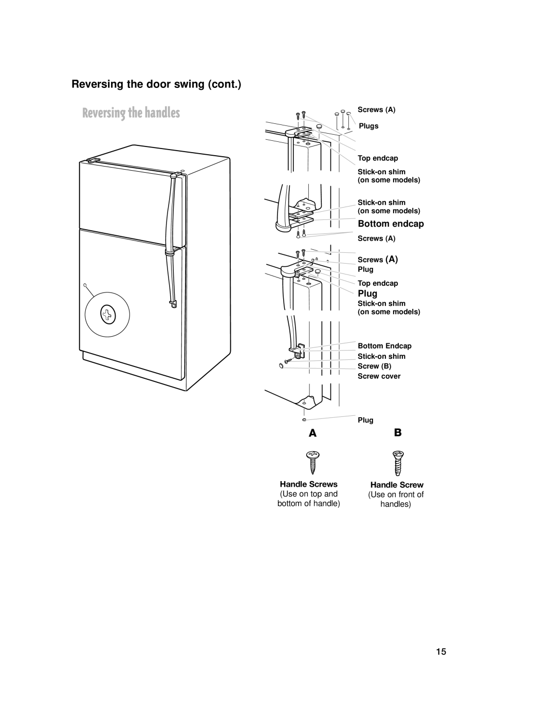 Whirlpool 2201959 manual Reversing the handles, Bottom endcap, Plug 