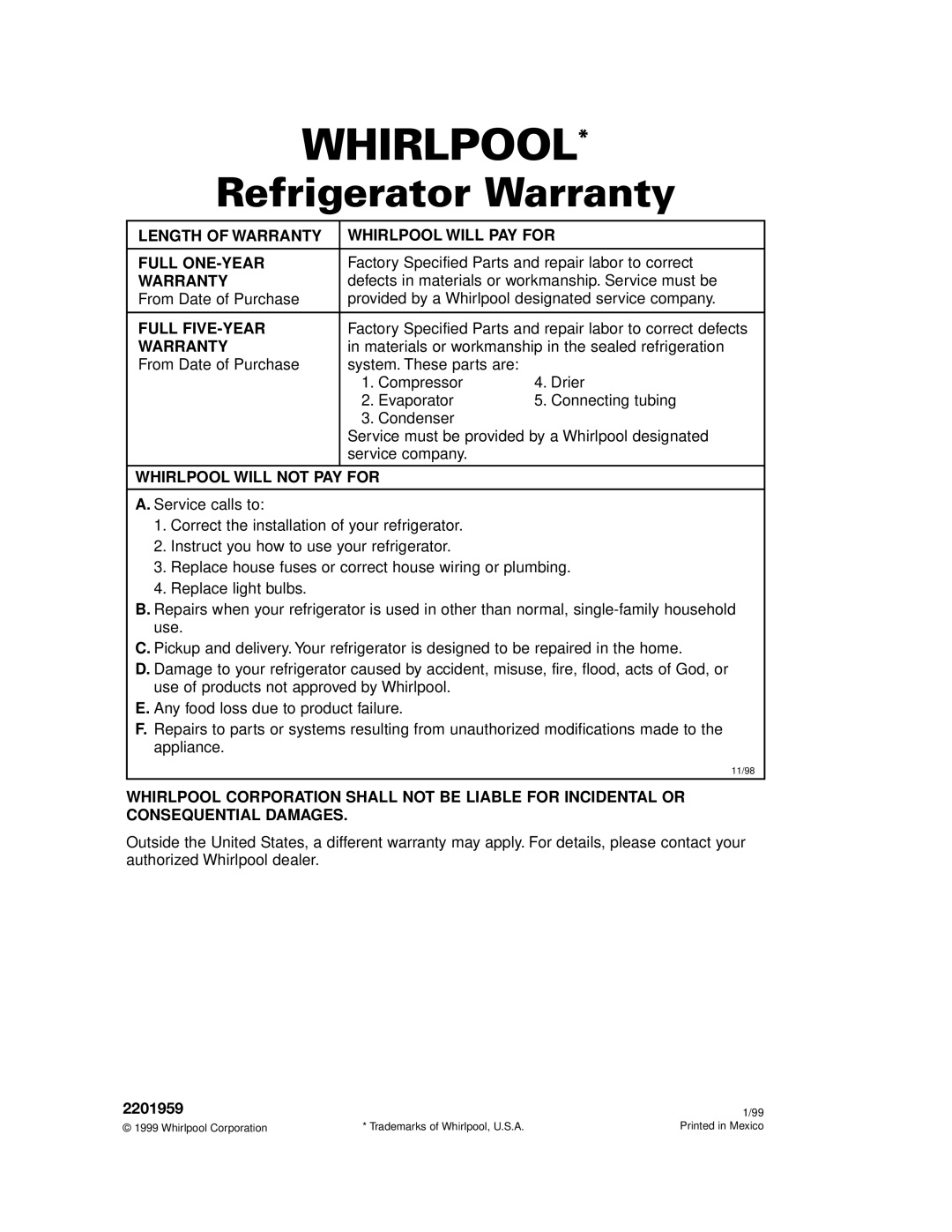 Whirlpool 2201959 manual Whirlpool 