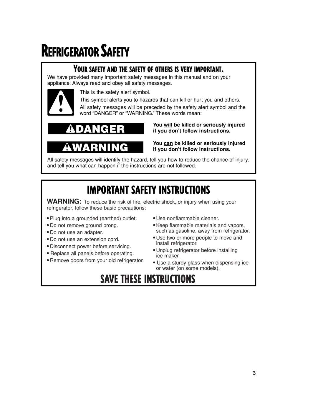 Whirlpool 2201959 manual Refrigerator Safety 