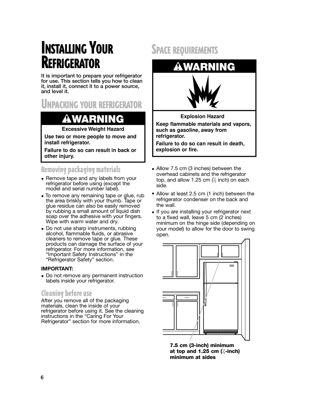 Whirlpool 2201959 manual Refrigerator, Cleaning before use 