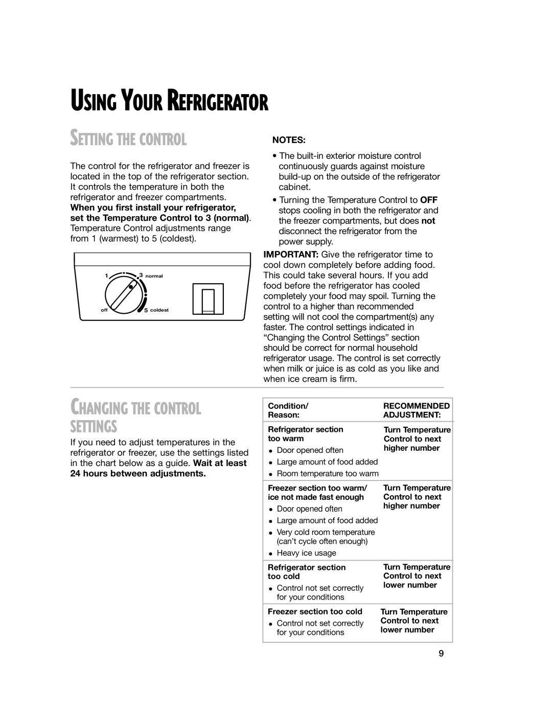 Whirlpool 2201959 manual Using Your Refrigerator, Settings 