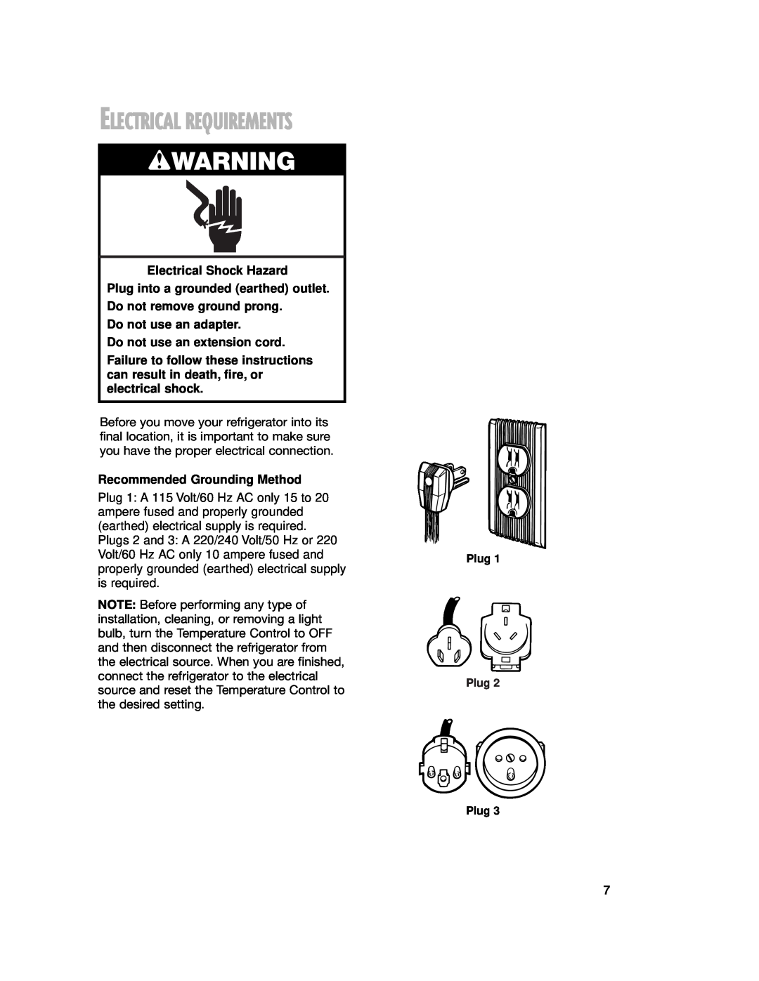 Whirlpool 2201959 manual Electrical Requirements, wWARNING, Electrical Shock Hazard Plug into a grounded earthed outlet 