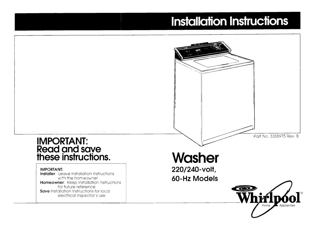 Whirlpool 220/240-volt installation instructions Washer 