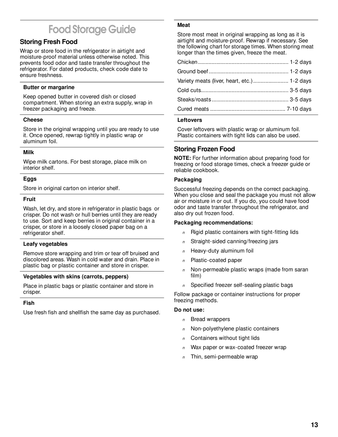 Whirlpool 2204658 manual Food Storage Guide, Storing Fresh Food, Storing Frozen Food 