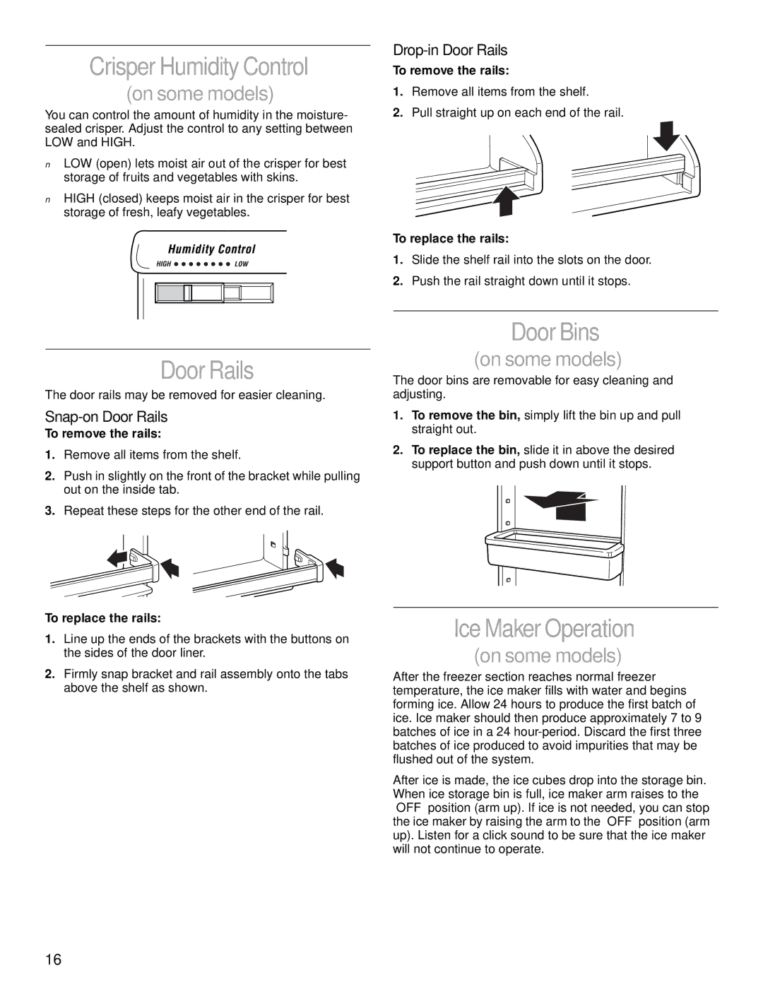 Whirlpool 2204658 manual Crisper Humidity Control, Door Rails, Door Bins, Ice Maker Operation 