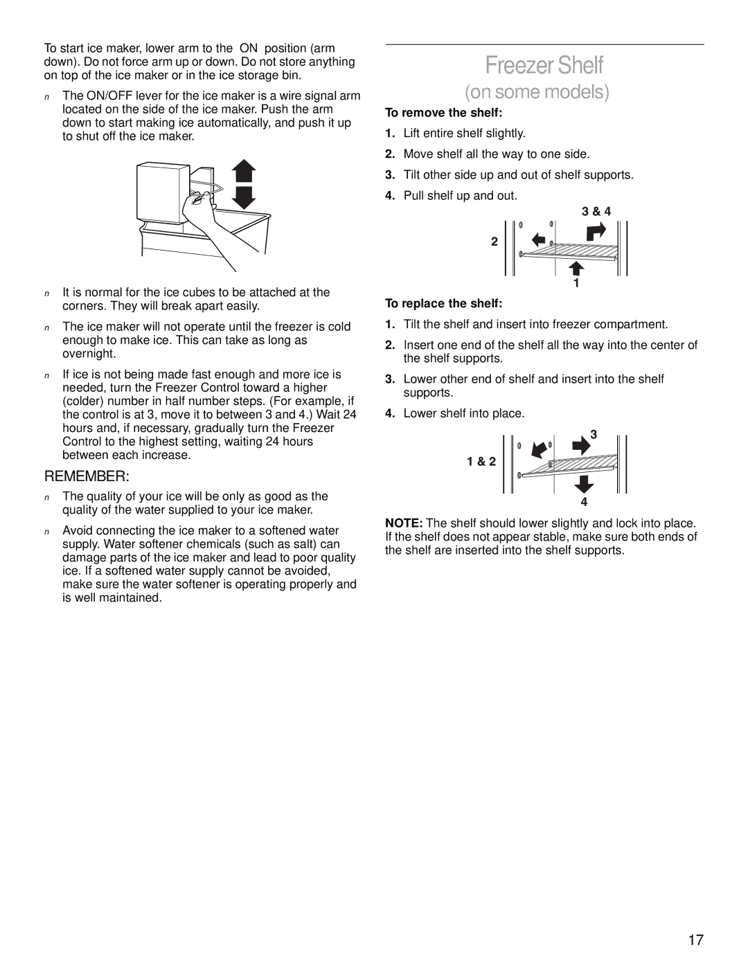 Whirlpool 2204658 manual Freezer Shelf, To remove the shelf, To replace the shelf 