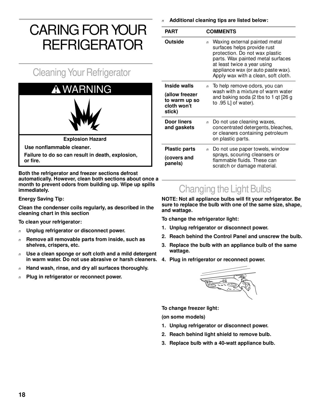 Whirlpool 2204658 manual Caring for Your Refrigerator, Cleaning Your Refrigerator, Changing the Light Bulbs 