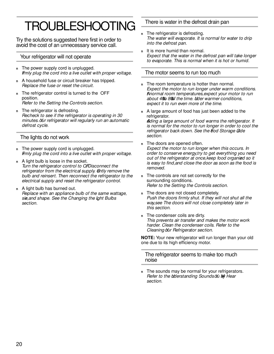 Whirlpool 2204658 manual Your refrigerator will not operate, Lights do not work, There is water in the defrost drain pan 