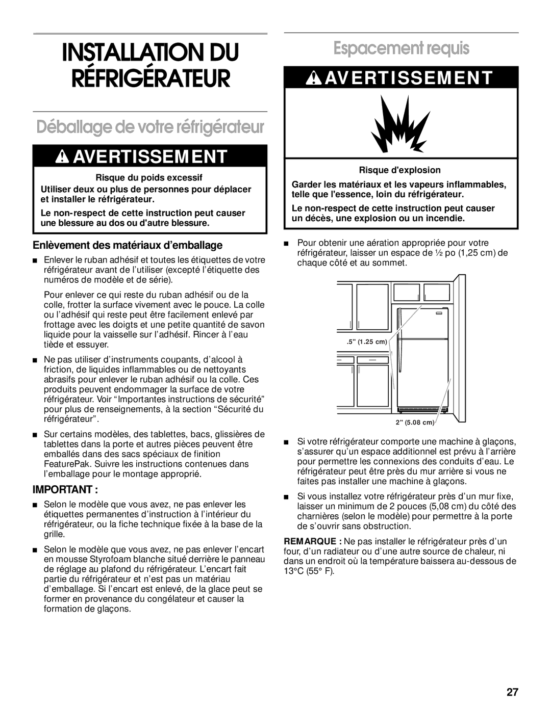 Whirlpool 2204658 manual Installation DU Réfrigérateur, Espacement requis, Enlèvement des matériaux d’emballage 