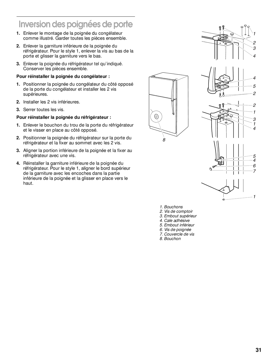 Whirlpool 2204658 manual Inversion des poignées de porte, Pour réinstaller la poignée du congélateur 