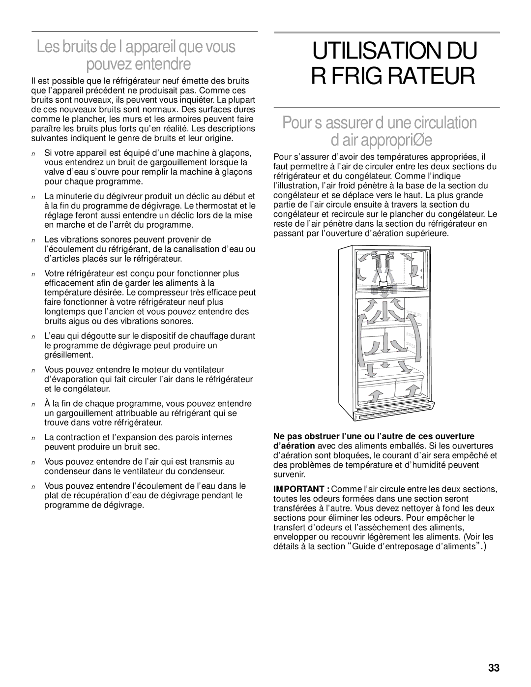 Whirlpool 2204658 manual Utilisation DU Réfrigérateur, Pouvez entendre, Pour s’assurer d’une circulation ’air appropriée 