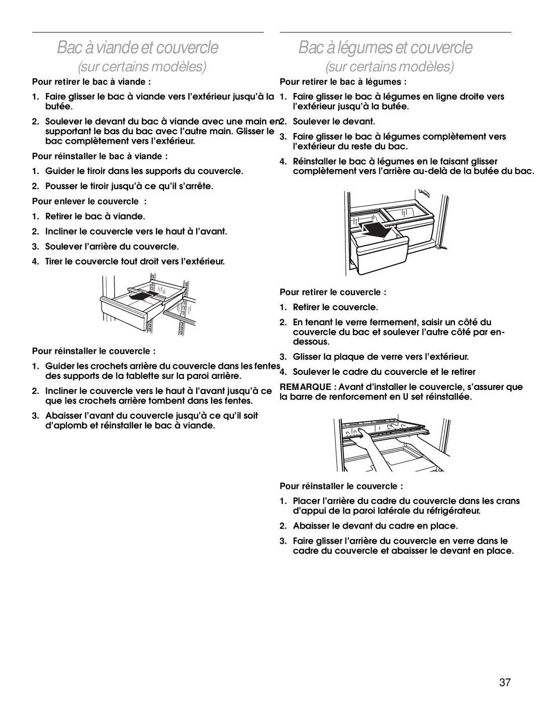 Whirlpool 2204658 manual Bac à viande et couvercle, Bac à légumes et couvercle 