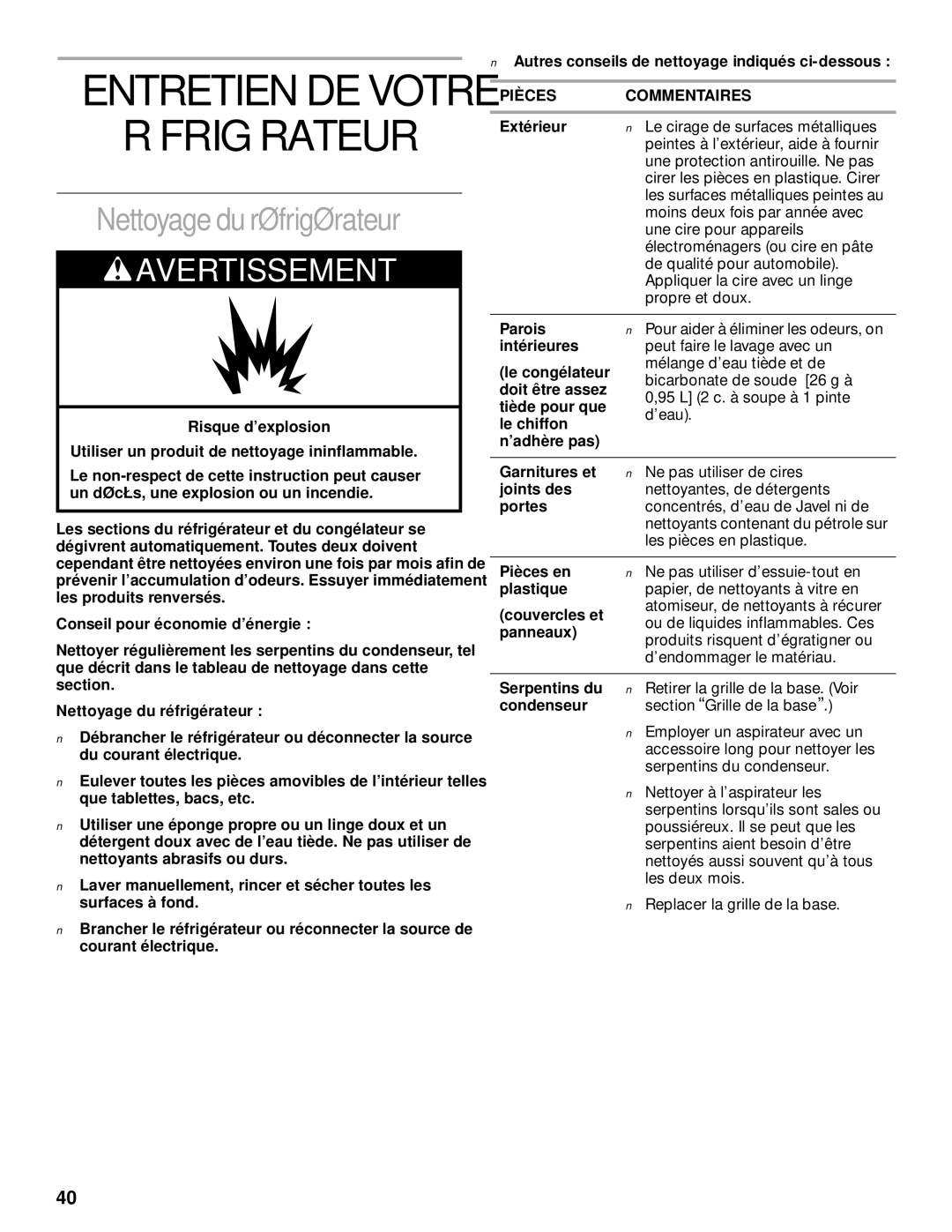 Whirlpool 2204658 manual Nettoyage du réfrigérateur, Autres conseils de nettoyage indiqués ci-dessous 