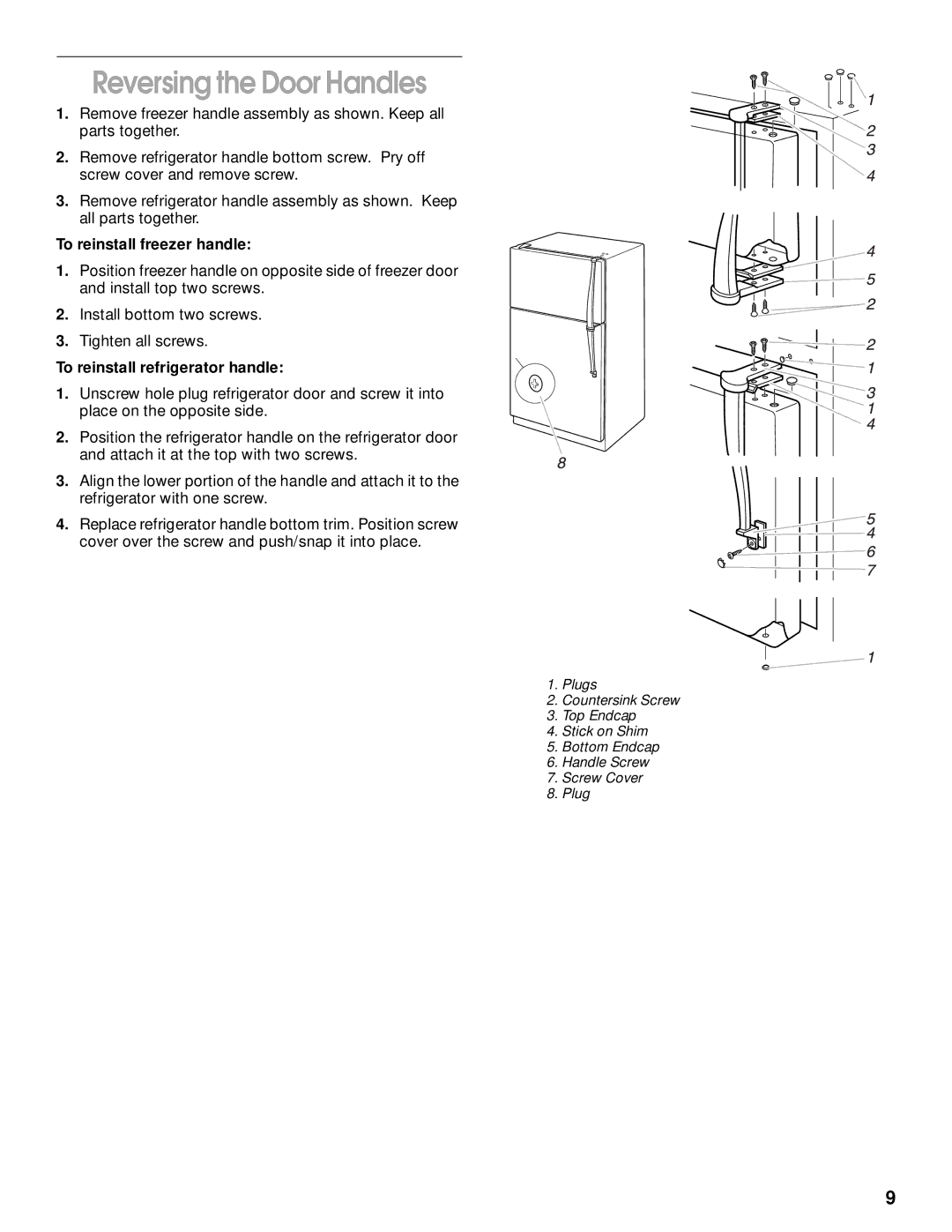 Whirlpool 2204658 manual Reversing the Door Handles, To reinstall freezer handle, To reinstall refrigerator handle 