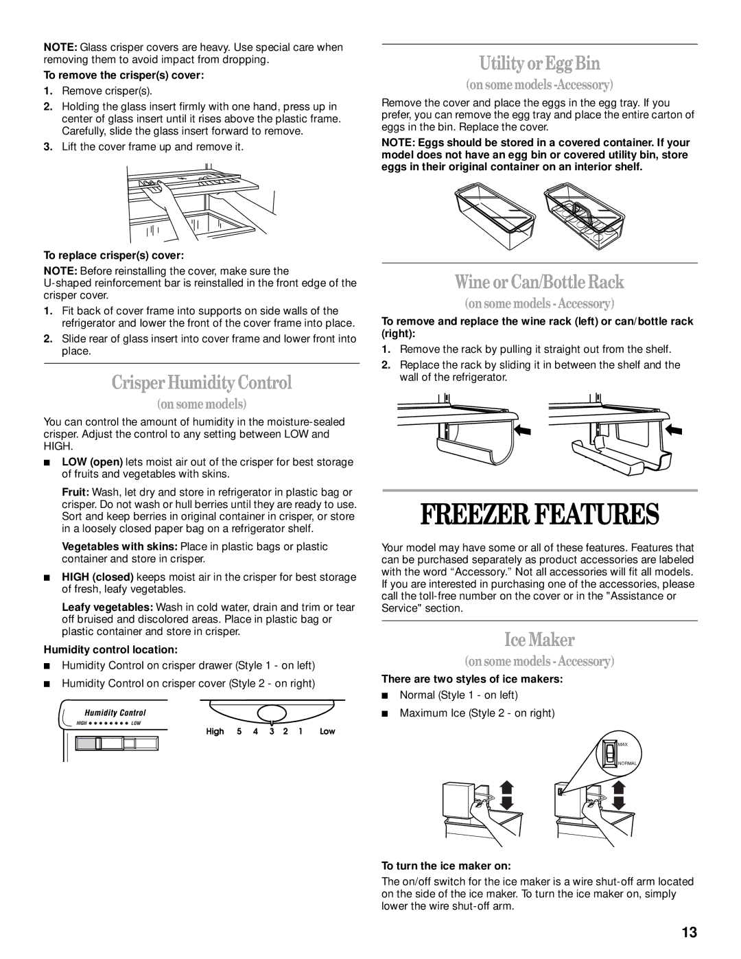 Whirlpool 2205266 manual Freezer Features, Crisper Humidity Control, Utility or Egg Bin, Wine or Can/Bottle Rack, Ice Maker 