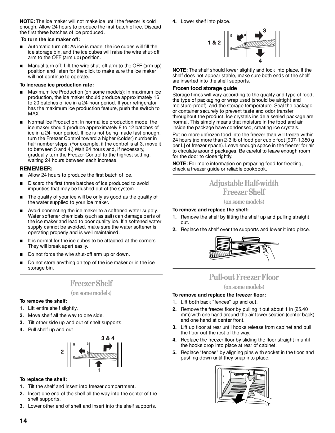 Whirlpool 2205266 manual Adjustable Half-width Freezer Shelf, Pull-out Freezer Floor, Frozen food storage guide 