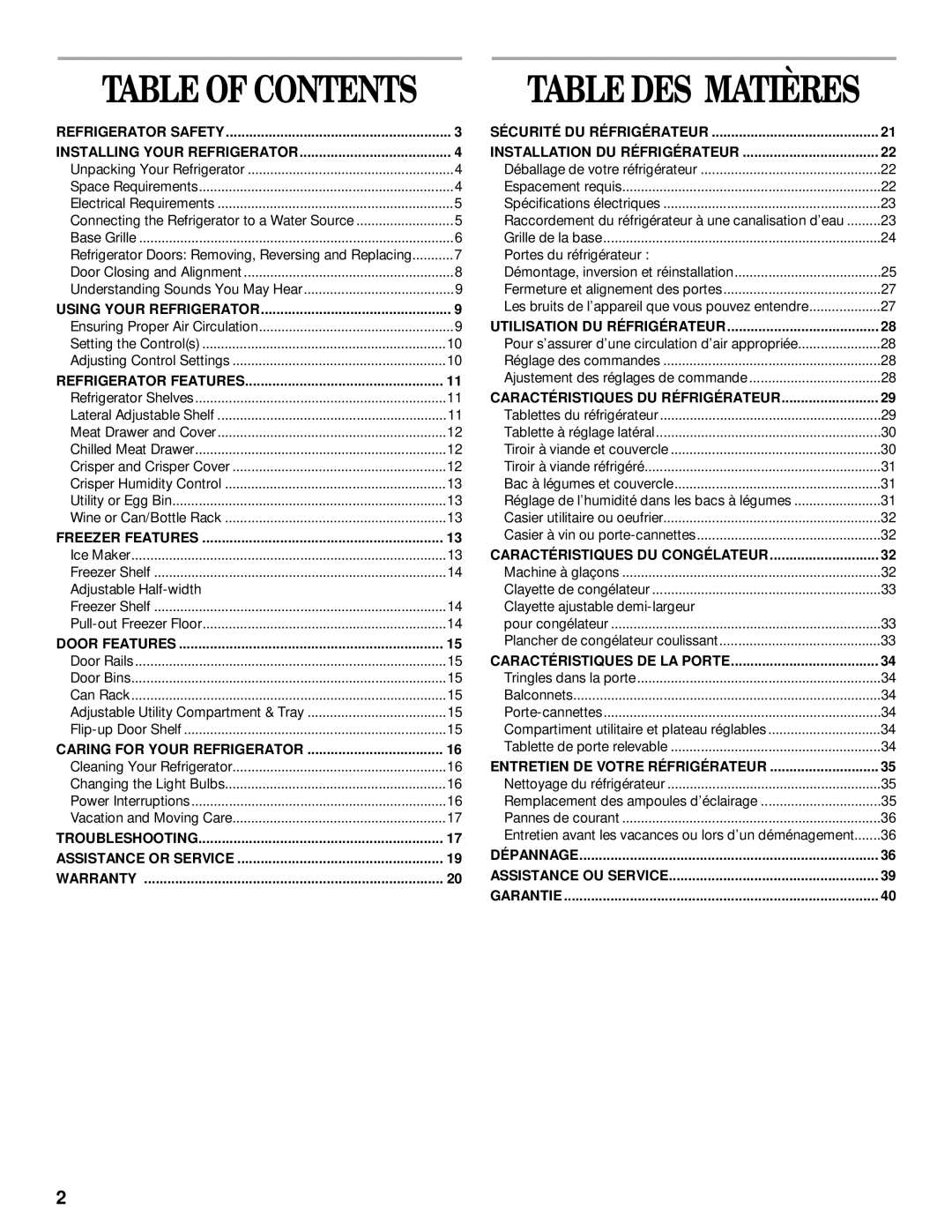 Whirlpool 2205266 manual Table of Contents 