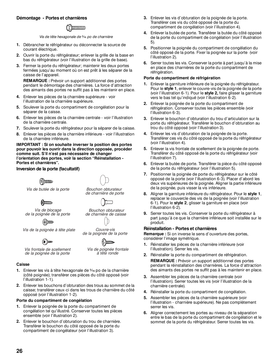 Whirlpool 2205266 Démontage Portes et charnières, Inversion de la porte facultatif, Réinstallation Portes et charnières 