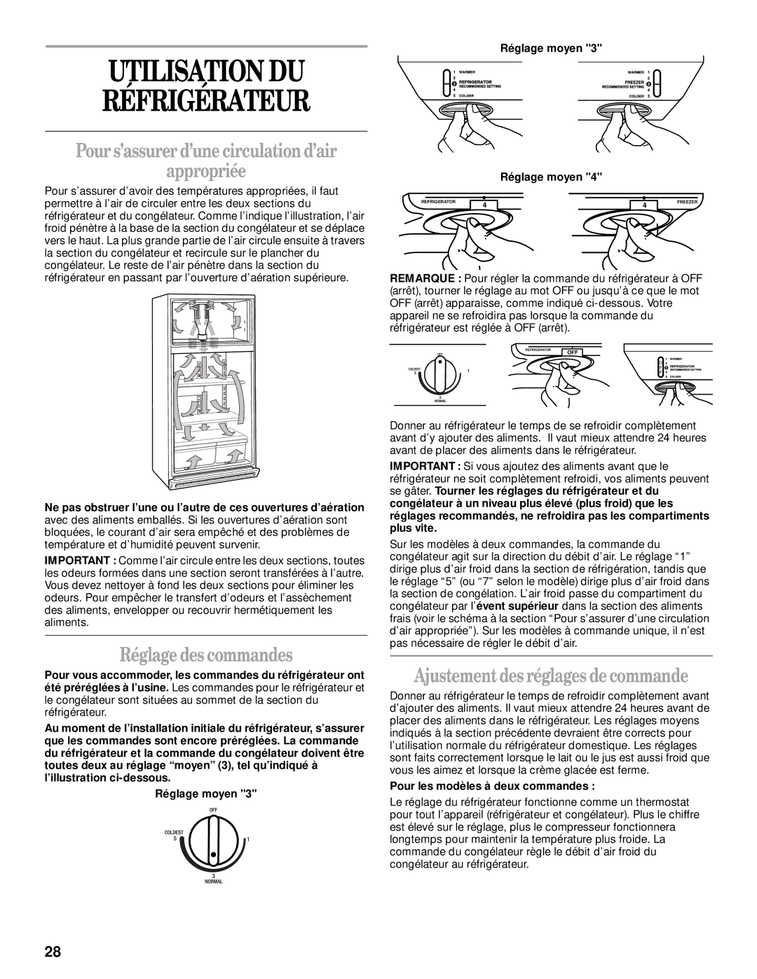 Whirlpool 2205266 Utilisation DU Réfrigérateur, Pour s’assurer d’une circulation d’air Appropriée, Réglage des commandes 