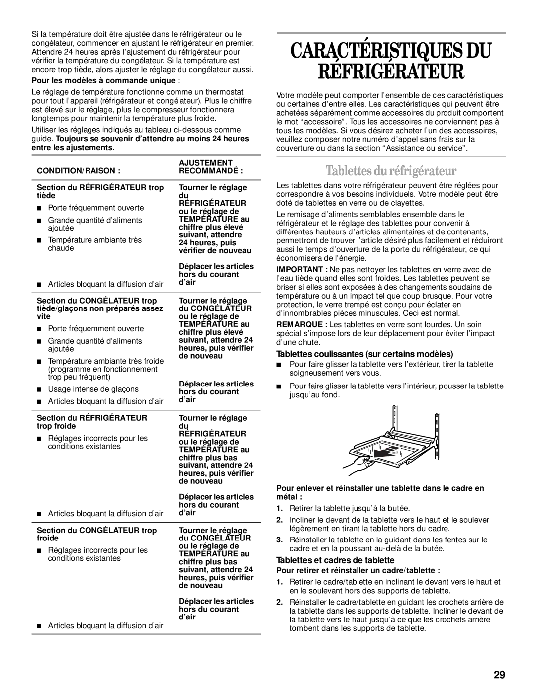 Whirlpool 2205266 Tablettes du réfrigérateur, Tablettes coulissantes sur certains modèles, Tablettes et cadres de tablette 