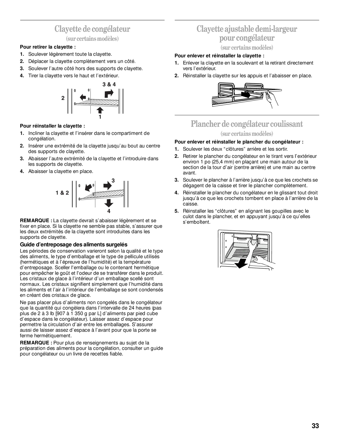 Whirlpool 2205266 manual Clayette de congélateur, Clayette ajustable demi-largeur Pour congélateur 