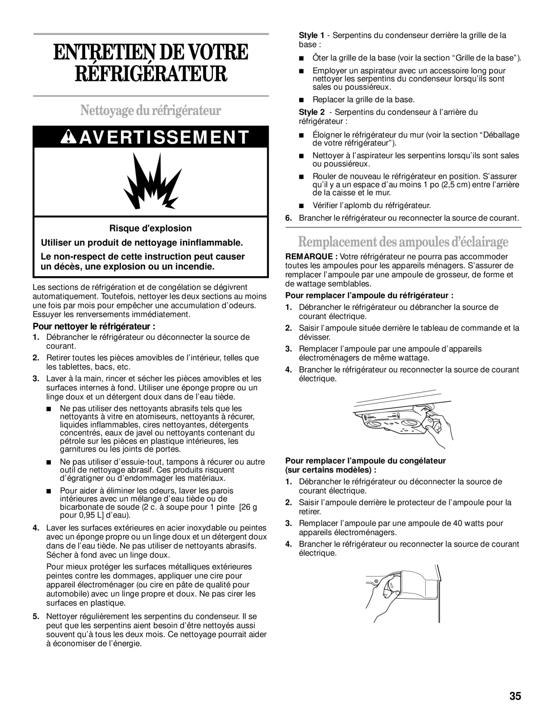 Whirlpool 2205266 manual Nettoyage du réfrigérateur, Remplacement des ampoules d’éclairage, Pour nettoyer le réfrigérateur 