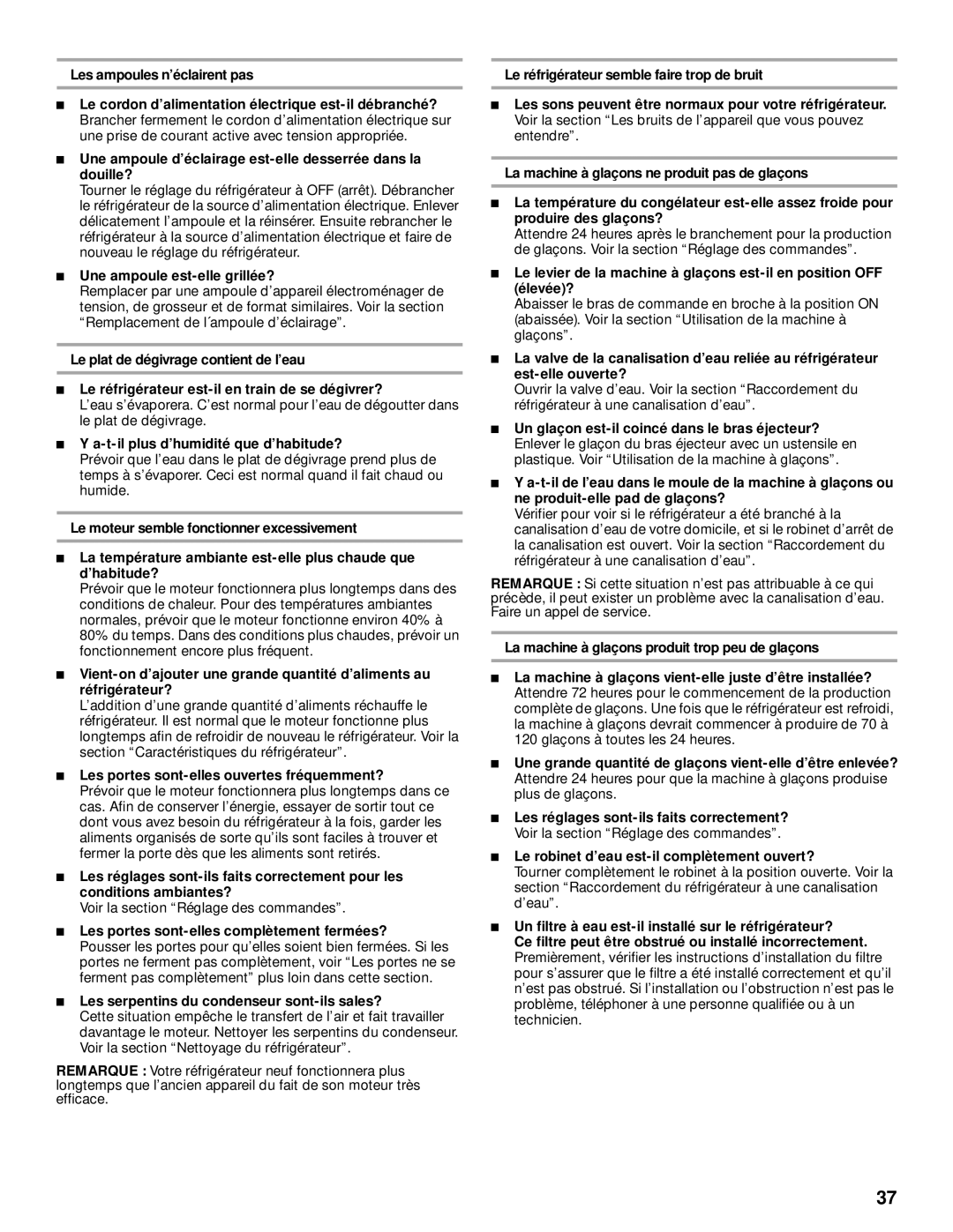 Whirlpool 2205266 manual Une ampoule est-elle grillée?, T-il plus d’humidité que d’habitude? 