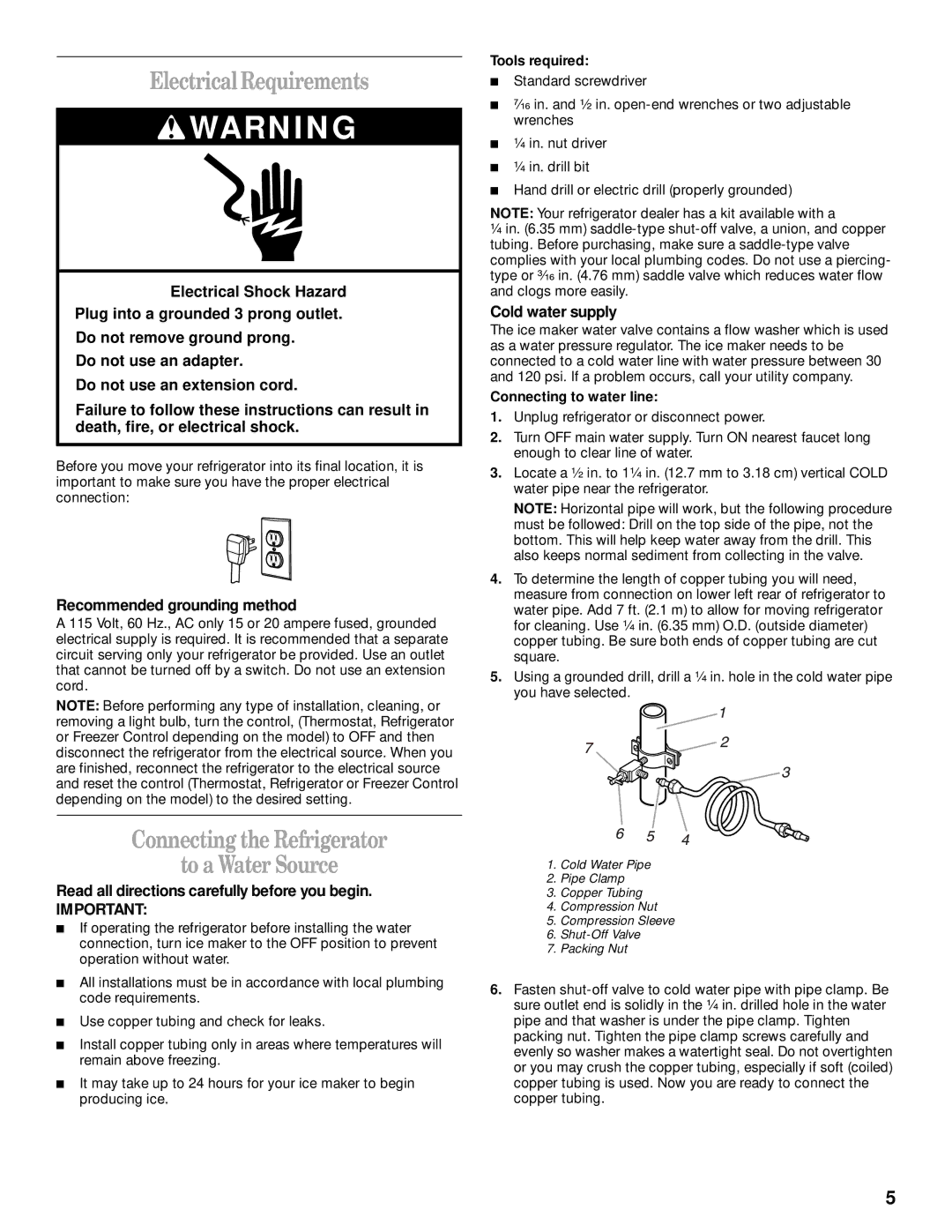 Whirlpool 2205266 Electrical Requirements, Connecting the Refrigerator To a Water Source, Recommended grounding method 