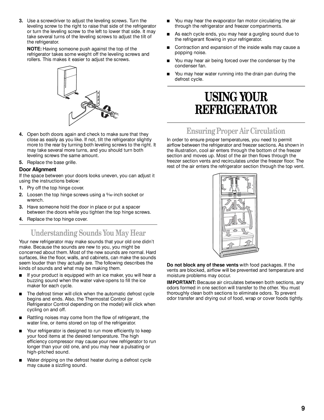 Whirlpool 2205266 manual Using Your Refrigerator, Understanding Sounds You May Hear, Ensuring Proper Air Circulation 