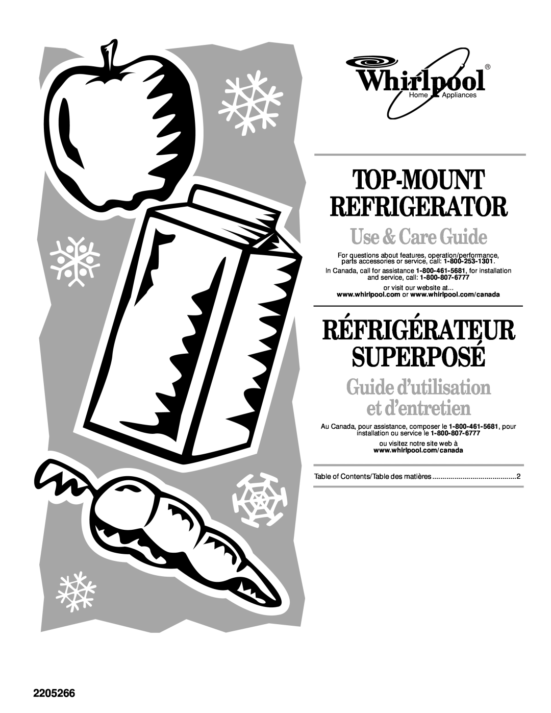 Whirlpool 2205266 manual Top-Mount, Superposé, Refrigerator, Réfrigérateur, Use& Care Guide 