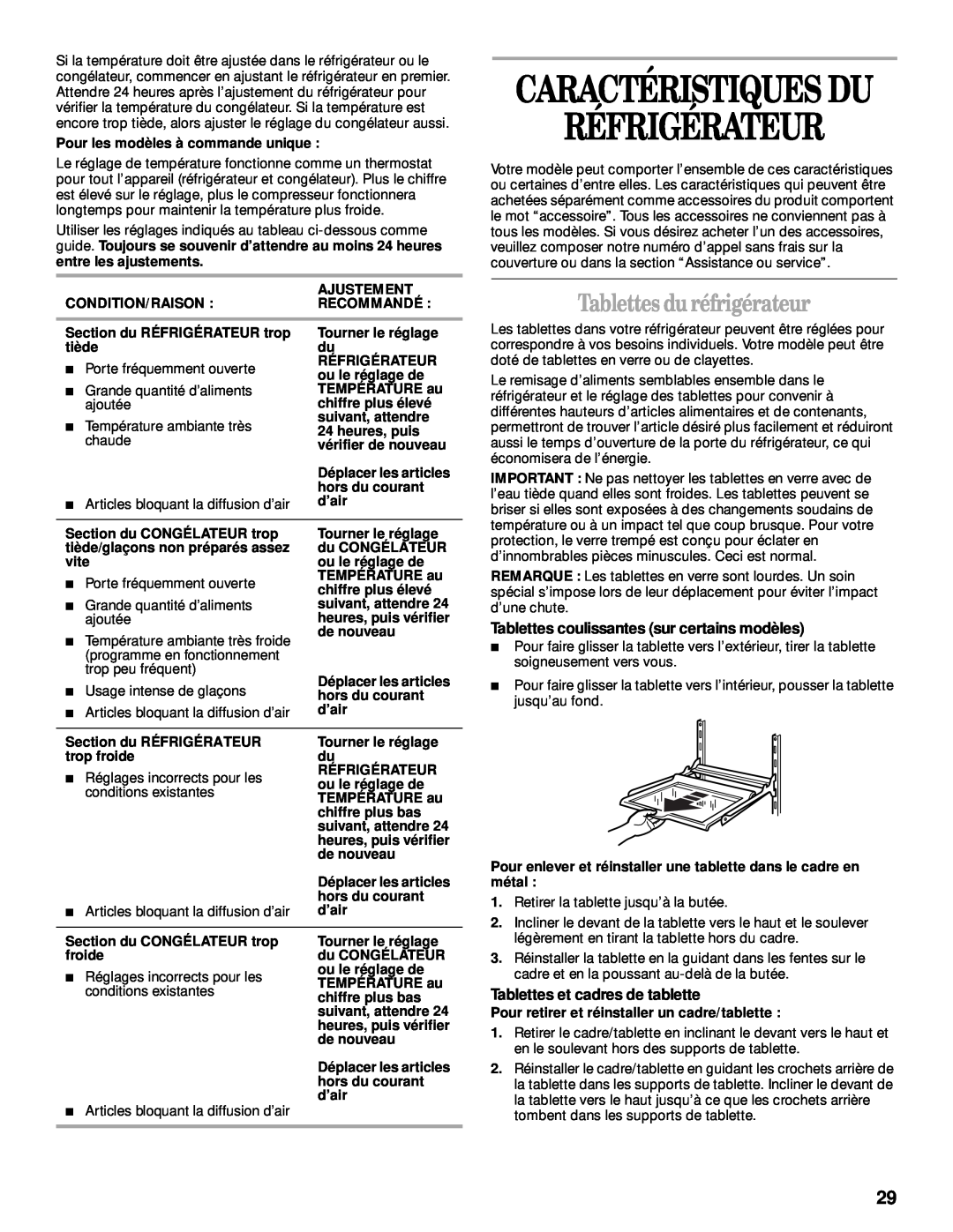 Whirlpool 2205266 manual Réfrigérateur, Tablettes du réfrigérateur, Caractéristiques Du, Tablettes et cadres de tablette 