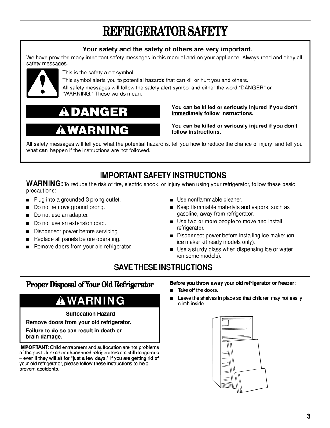 Whirlpool 2205266 manual Refrigeratorsafety, Proper Disposal of Your Old Refrigerator, Important Safety Instructions 