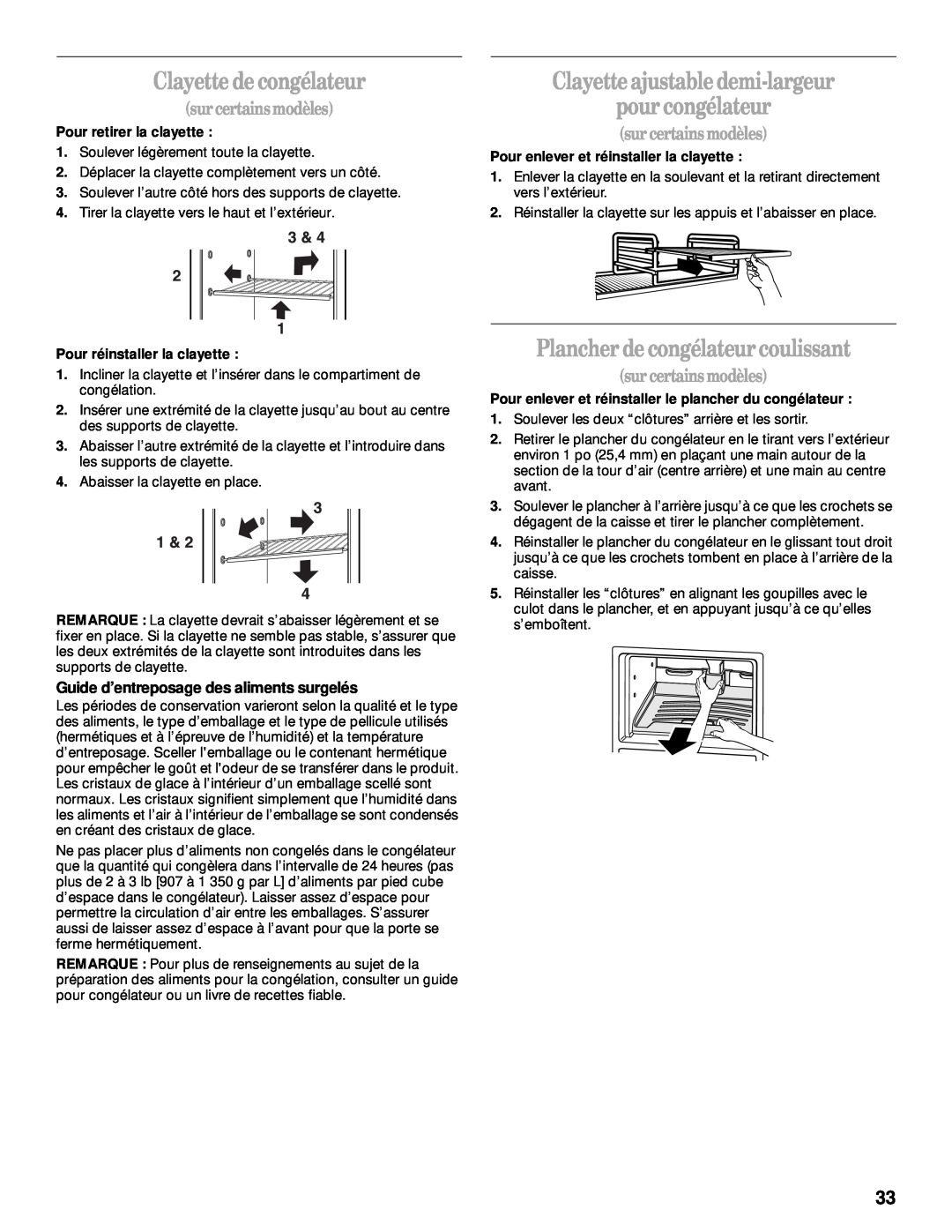 Whirlpool 2205266 manual Clayette de congélateur, Clayette ajustable demi-largeur pour congélateur, surcertains modèles 