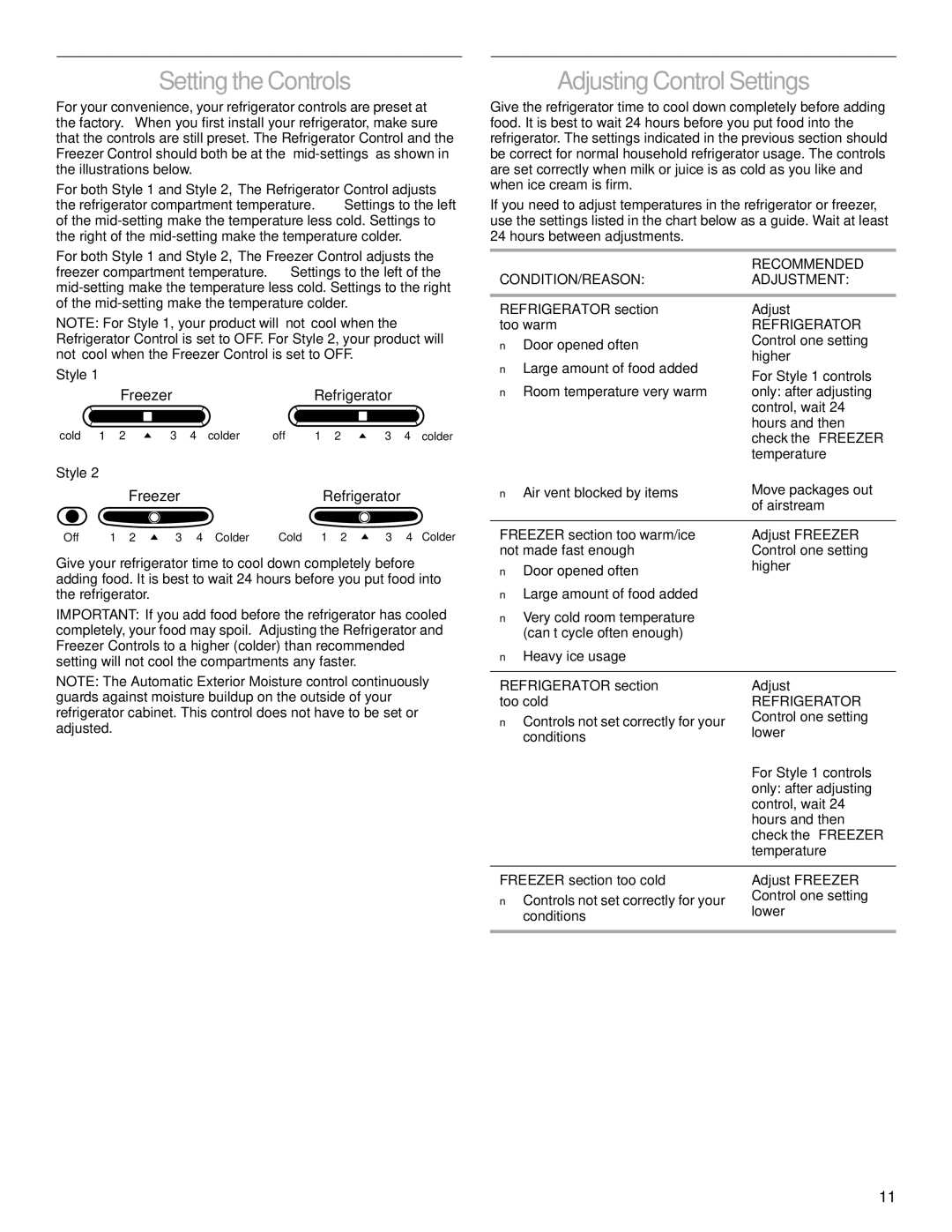 Whirlpool 2206106 Setting the Controls, Adjusting Control Settings, Recommended, CONDITION/REASON Adjustment, Refrigerator 