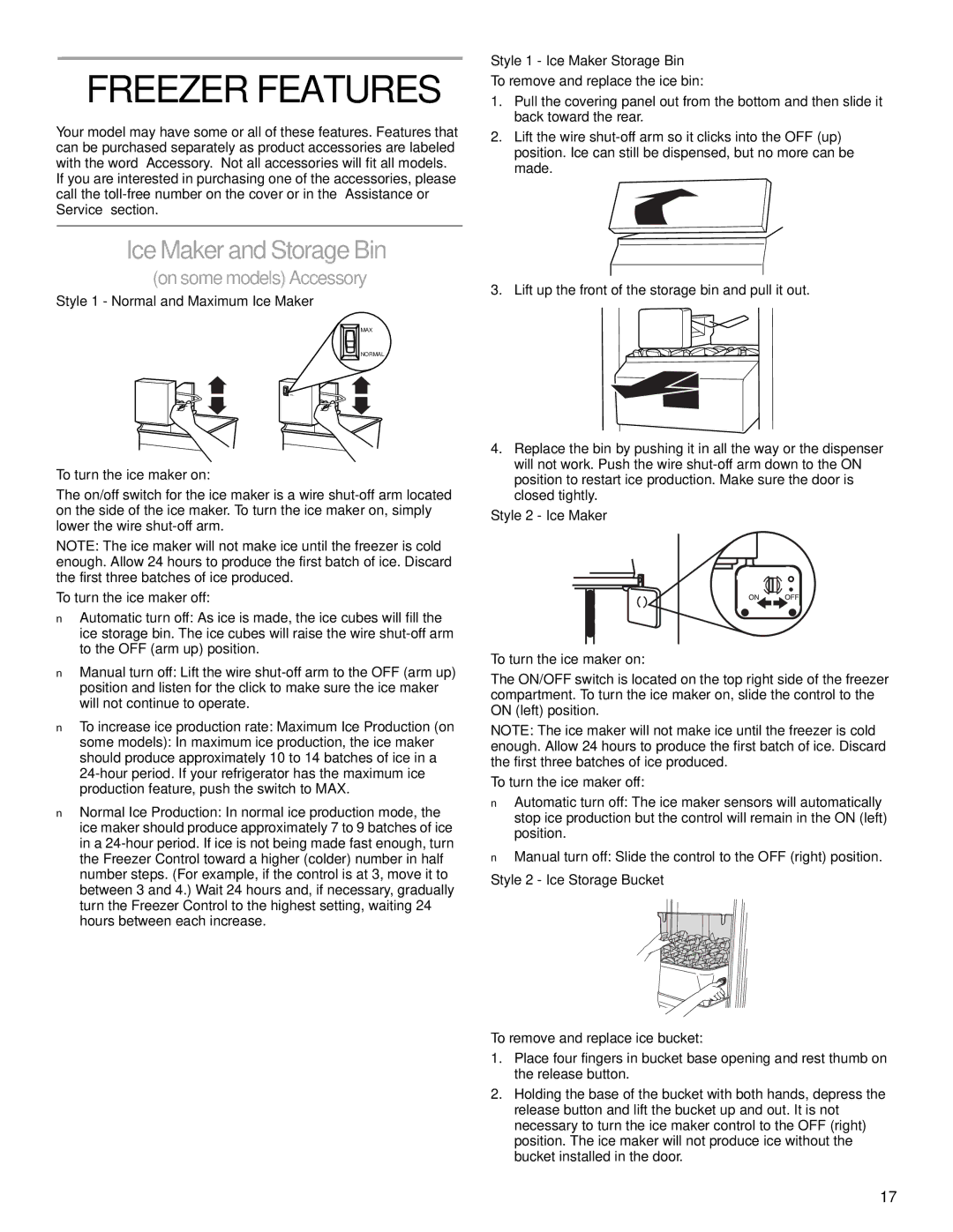 Whirlpool 2206106 manual Freezer Features, Ice Maker and Storage Bin, On somemodels Accessory 